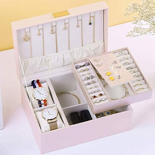 Caixa de jóias de jóias XJJZs, organizador de caixas de jóias, caixa de armazenamento de jóias de couro PU de 2 camadas com fechadura
