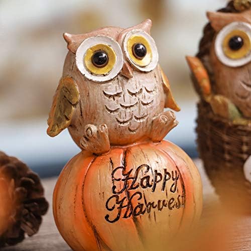 Valery Madelyn Owl ou outono Decoração colheita Presentes de Ação de Graças, Decorações de Casa de Autumn, Conjunto de 3 estatuetas de resina para a mesa da mesa de mesa decoração de casa, 4,3 polegadas de altura