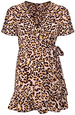 Women's Summer Wrap V Neck Dot/Leopard Priff Ruffle Short Mini Dress Dress Floral Casual Vestres com cinto
