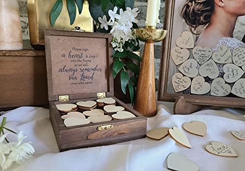 Livro de convidados de casamento pmpx Alternativo Barn Wood Drop Top Frame com Stand, 90 Wood Hearts, caixa de combinação com mensagem dentro da tampa. Casamentos, chá de panela ou chá de bebê, aniversário ou evento especial.