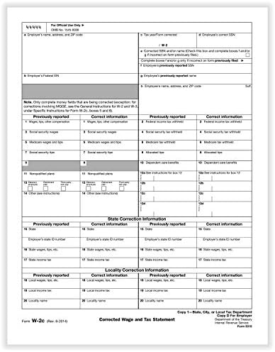 Cumprir os formulários fiscais W-2C cópia 1/d | 8-1/2 ”x 11” | Relatórios tributários | 50 pacote