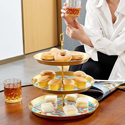 Dragonbtu 3 cupcake de camada com haste dourado plástico de sobremesa em camadas de torre bandeja de torre caleidoscópio geométrico de padrões de frutas de fruta para casamento de aniversário de aniversário
