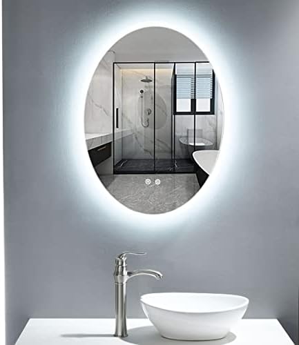 Vokim Oval LED Mirror de banheiro de 28 x 20 Botão de toque, espelhos de parede diminuídos com problemas com anti-capa, à prova de quebra, memória, 3 cores, espelho de LED para banheiro