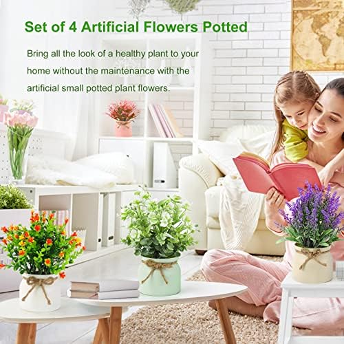 Plantas em vasos falsos - Conjunto de 4 flores artificiais Plantas falsas de lavanda em Bonsai de Flores de Plástico para Macaron para