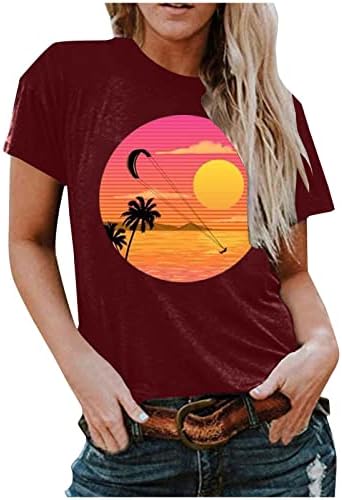 Tops for Women Casual Casual Manga curta Treça de coco Tees gráficos Logo V Camisetas de praia de férias de pescoço