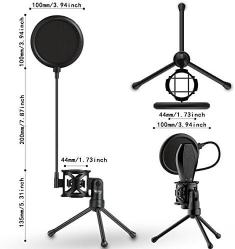 Black Desktop Microfone Tripod Stand com suporte de microfone de montagem em choque e escudo de máscara de filtro pop, portátil