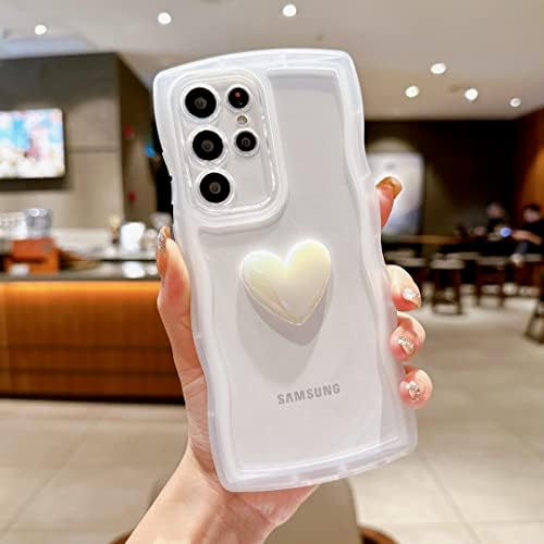 Lyqzdt Compatível com Samsung Galaxy S23 Caso Ultra, Caso de coração de amor 3D fofo, Moda Wave Curly Matte Clear Edge Casos de
