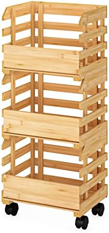 G.A HomeFavor Bamboo Fruit Basket Stand, carrinho de armazenamento de batata e cebola, cesta de frutas de três camadas com rodas, armazenamento de legumes para piso da cozinha