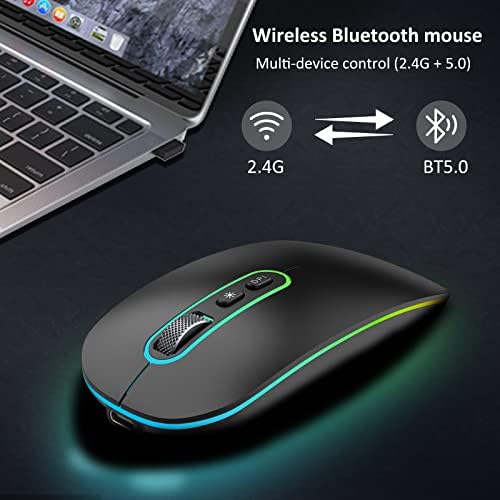 Mouse sem fio LED, mouse bluetooth recarregável e esbelto, mouses de computador sem fio silencioso portátil com receptor