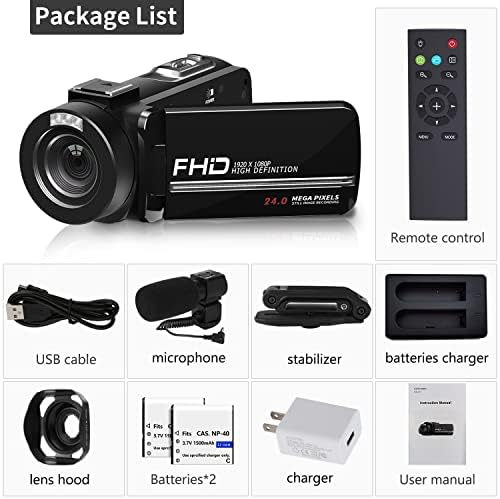 Câmera de vídeo de vídeo vjianger 4K Câmera de vlogging de 24MP para YouTube com IR Night Vision, câmera de zoom digital 18x com microfone, controle 2.4Gremote, 2 baterias, estabilizador portátil （A01-3 Black2）