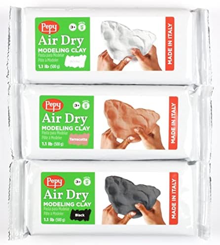 Pepy Premium European Air Dry Modeling Clay Multicolor 3 pacote 1,1 lb barras, 3,3 libras Total, inclui argila branca, terracota e preta e sem manchas para a sala de aula, projetos de escultura e artesanato em sala de aula, Montessori