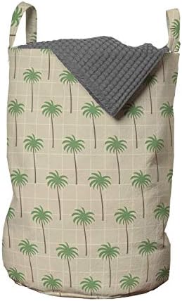 Bolsa de lavanderia de palmeiras de Ambesonne, cenário de composição da grade com padrão de ilustração de folhas de palmeira, cesta de cesto com alças fechamento de cordão para lavanderia, 13 x 19, sépia pálida e multicolor