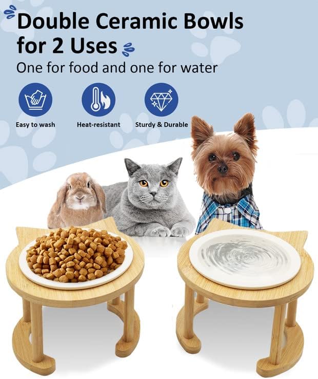 BNOSDM 2 PCS Tigelas de gato de cerâmica elevadas para alimentos água levantados pratos de gatinho de madeira inclinada conjunto ponderado