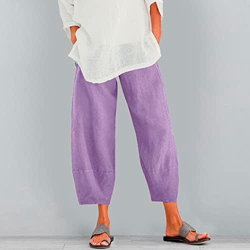 Calça algodão -algodão da cintura Cultura solta cor pura e calça elástica com bolso feminino feminino casual