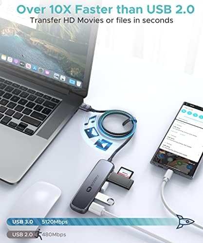 USB Splitter 3.0, Warrky 4 Port USB Hub para laptop [cabo trançado de 3 pés, casca de alumínio] Porta Multi USB ultra-slim,