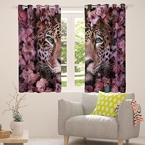 Cortinas de leopardo e cortinas Cheetah Imprimir Cortinas de flores rosa para crianças meninos adolescentes, romântico Boho Floral Big Cat Blackout Cortinas Animal Hocal Spot African Safari Animals Decoração 76 x45