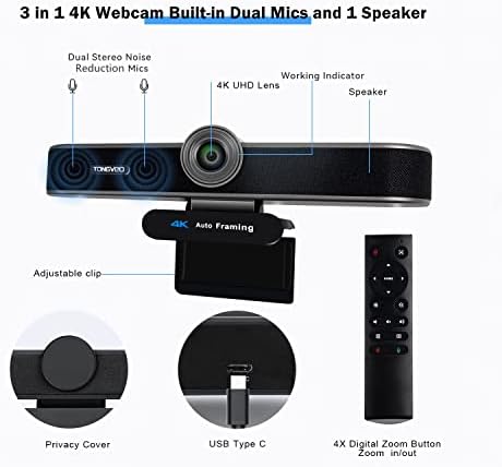 Tongveo Zoomable 4K webcam com microfones e alto -falante, câmera da web de videoconferência de zoom Digital Zoom EPTZ com remoto e privacidade cobre a webcam de streaming de enquadramento automático AI para zoom, skype
