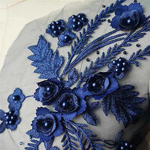 Pdgjg 2pcs tecido azul de renda azul 3d borda de flores de flor de shinestone bordados apliques de casamento de costura para vestir decoração diy decoração