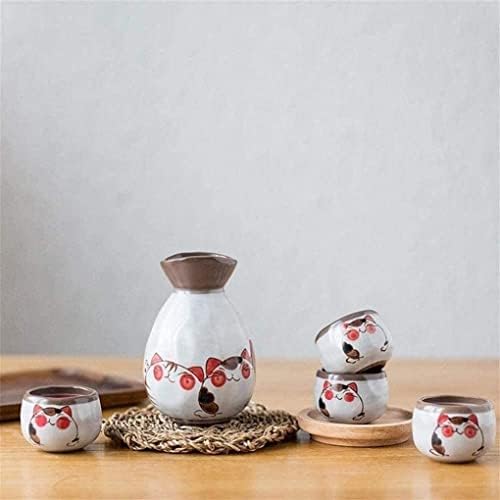 Conjunto de saquê, conjunto de saquê de cerâmica japonês, conjunto de vinhos de design de gato pintado à mão, copos de porcelana artesanato de vinhos de vinhos 5 peças-default