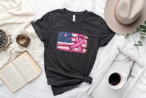 Camisa de câncer de mama de bandeira americana, presente de câncer de mama, camisa rosa de fita, tee de conscientização