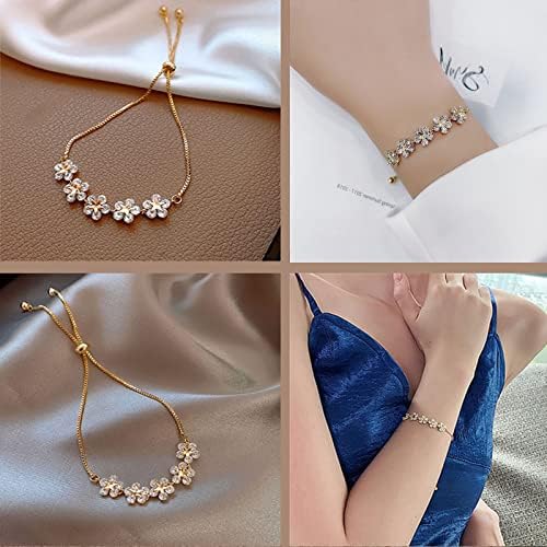 Auwiyd Fashionable Gold Flower Charm Bracelet Special Inclaid Rhinestone Styles Korean Styles Bracelets para mulheres e meninas, acessórios de joias requintados como presente de festa de aniversário