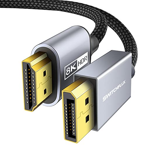 SwitchFlux DisplayPort para cabo HDMI [8k@60Hz, 4k@144Hz, 2k@165Hz] 6ft dp 1,4 a HDMI 2.1 Suporte de cordão trançado unidirecional HDCP 2.3/hdr/dsc 1.2 para hp, lenovo, dell, amd, nvidia