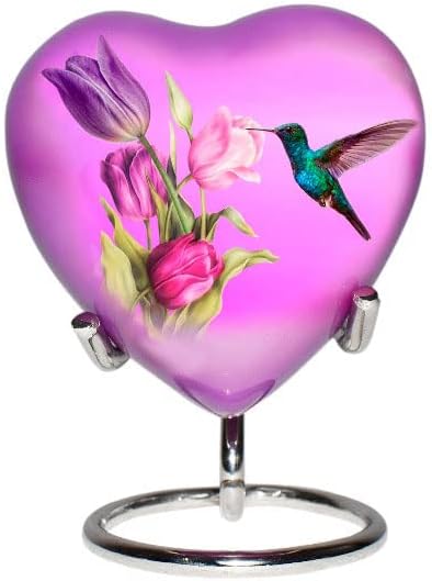 Urna de coração beija -flor - mini cremação de coração urna com stand & premium box - pequena urna de lembrança para cinzas