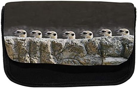 Caixa de lápis meerkat lunarable, animal selvagem atrás de rocha, bolsa de lápis de caneta com zíper duplo, 8,5 x