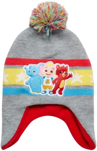 Conjunto de chapéus de inverno para meninos de cocomelon: 3 peças lã de lã de lã revestida de ouvido e 2 pares de luvas: bebê JJ, Boba, Ello