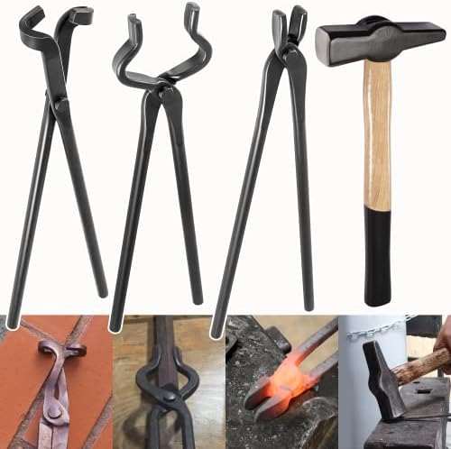 Fnife Making Tongs Set e Blacksmiths's Hammer montado Bladesmith Blacksmith FORGE TINGS Ferramentas Definir ferramentas de torno com 1500g / 3,3lb Blacksmiths 'Hammer - 4pcs
