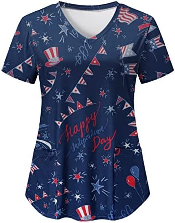 4 de julho Tops for Women American Flag Summer Summer Manga curta V camiseta de pescoço com 2 bolsos Bloups Holiday Casual Workwear