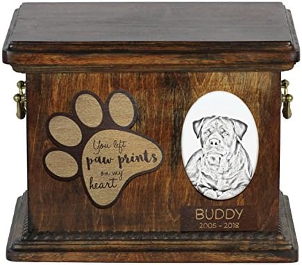 Rottweiler, urna para as cinzas de cachorro com placa de cerâmica e descrição