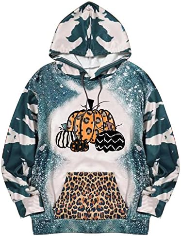 Mulheres TIY Dye Dye Casual Patchwork Halloween Prind Hooded Sweatshirt com bolsos Top de manga de camisa com capuz de estampa de leopardo
