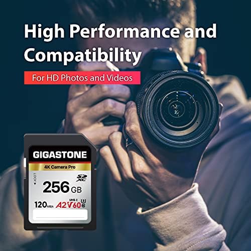 Gigastone 256GB SD Card, 4K Camera Pro, A2 V60 SDXC Memory Card de alta velocidade 4K Ultra HD UHD Vídeo compatível com Canon Nikon Sony Pentax Kodak Olympus Panasonic Digital Camera, com 1 mini case