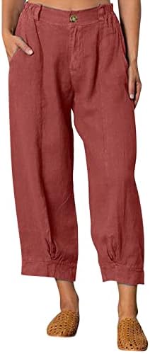 Calças de linho de algodão para mulheres, perna lisa casual casual, com comprimento de capa de calça frontal plana com bolsos com bolsos