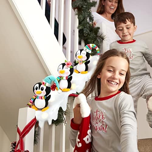 Decoração da escada de Natal, guirlanda de neve iluminada para decoração de Natal de Banister com pinguins deslizantes recheados,