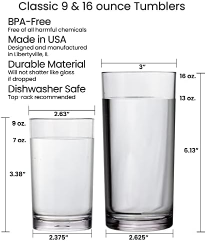 Us acrílico clássico de plástico transparente reutiliza copos de bebida 9 onças e xícaras de água de 16 onças | Tumblers sem