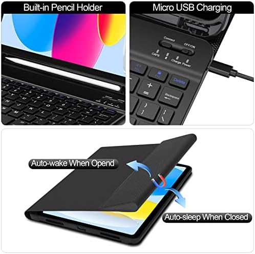 Jademall iPad 10th Generation Case com teclado - teclado Bluetooth destacável com estojo de proteção para iPad 10th com porta -lápis, Sleep Auto/Wake Smart Folio, Black