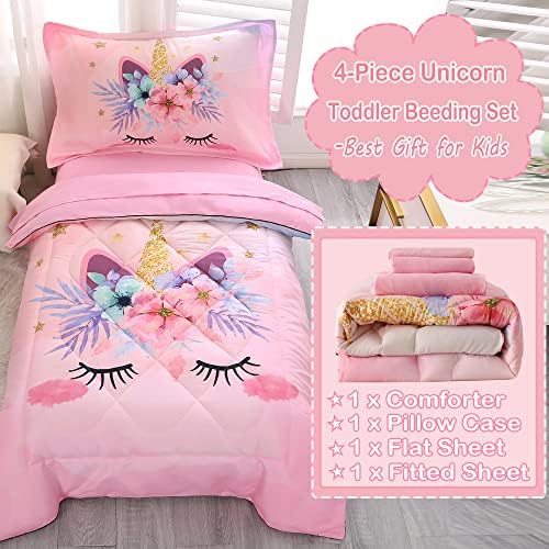 Cama de cama de criança de 4 peças Conjunto de roupas de cama para meninas rosa unicorn canteiro de flores em um saco de edredom