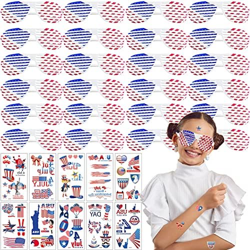 Wodmaz 24 PCs 4 de julho Shutter Shutes Glasses e 66 PCs Tattoos temporários, Partido patriótico Favoram com óculos de sol da bandeira americana Tatuagens para 4 de julho, Acessórios para decoração do Dia da Independência, Independência