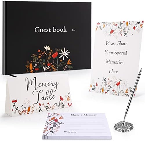 Livros de visitas Supplies para funeral, livro de visitas floral com cartões de memória, cartão de mesa de memória, placa de caneta de lasca incluiu conjunto de 5