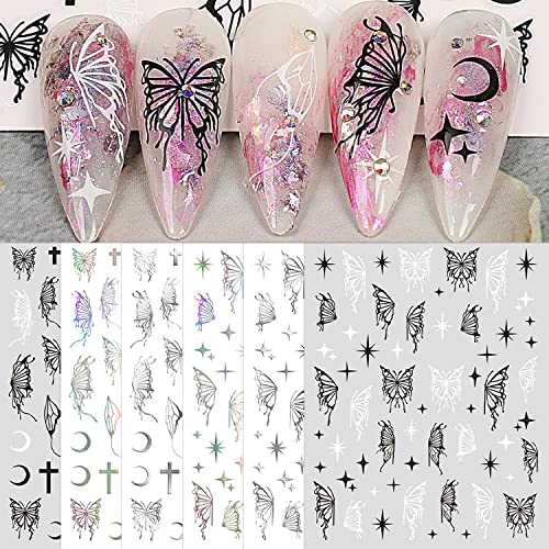 Silpecwee 6 lençóis adesivos de unhas de borboleta para mulheres garotas de unhas 3d adesivas de arte decalques metálicos aurora