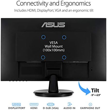 Monitor asus va24dq 23,8 ”, 1080p Full HD, 75Hz, IPS, Sync/FreeSync, cuidados com os olhos, HDMI DisplayPort VGA, sem moldura, VESA Montable, preto