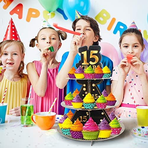 Feliz 15º aniversário de 3 anos 3 Cupcake Stand / Tower Round Triered Decorações de aniversário Serviço Cheers para a festa de 15 anos