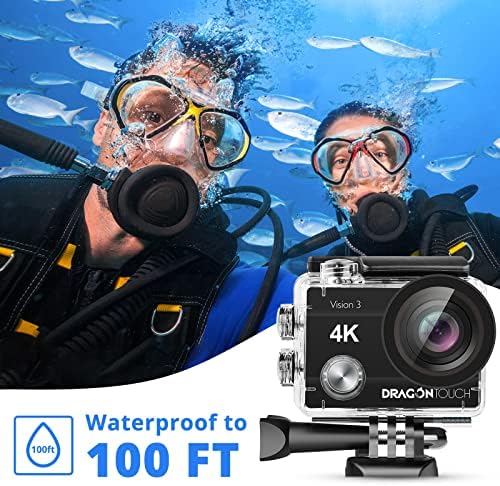 Dragon Touch 4K Câmera de ação 20MP Visão 3 Câmera à prova d'água subaquática 170 ° Cam esportivos de wifi de larga angular