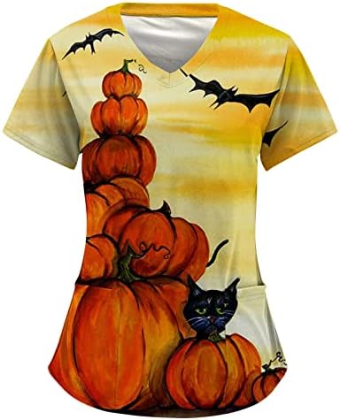 Pumpkin Scrubs Tops for Women Halloween Workwear Resas Uniformes impressos de trabalho Bolsa Bolsa Bolso