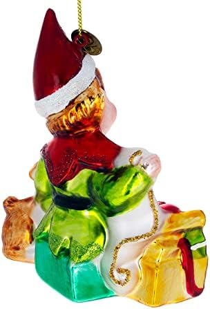 Elfo e Deer com Presentes Glass Christmas Ornament
