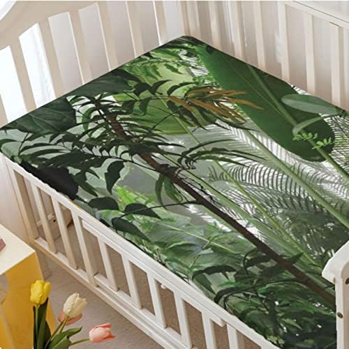 Folha de berço com tema da floresta tropical, lençol de colchão de berço padrão folha de colchão macia de colchão macio de colchão de colchão de garotos ou garotas ou berçário, 28 “x52“, verde