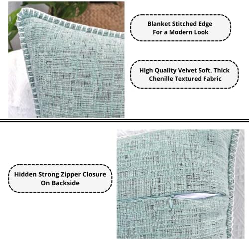 Capas de travesseiros de chenille texturizados Conjunto de 2, 22x22 polegadas Heather turquesa/borda costura