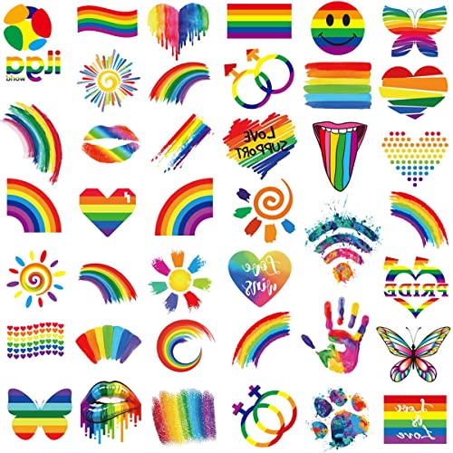 Tazimi 40 lençóis Tatuagens temporárias de arco -íris, tatuagens de orgulho gay, flores/borboleta/coração/lábios/bandeira de arco
